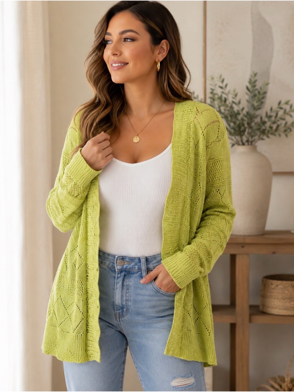 🦋Women's Open-Front Knit Cardigan in Lime Green
